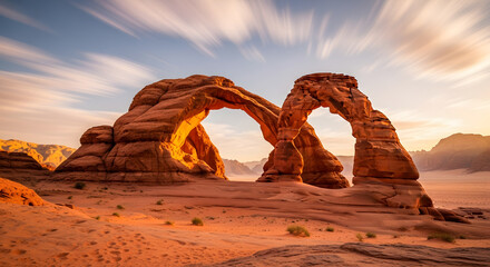 Majestic Twin Rock Arches Illuminated by Golden Sunset Light in a Desert Landscape