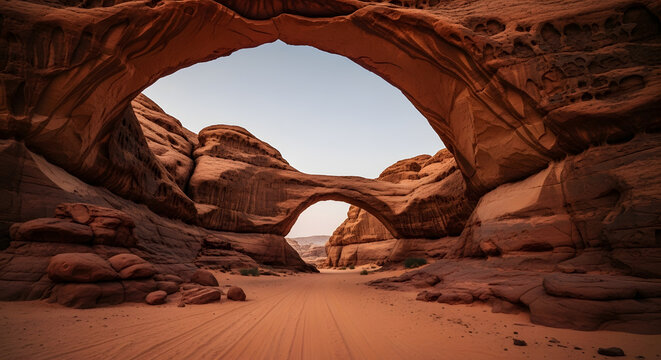 Majestic Desert Landscape Featuring Natural Rock Arch Formations and a Path Leading Through the Canyon - Powered by Adobe