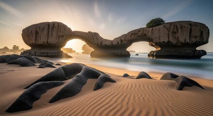 Majestic Natural Arch Formations on a Sandy Beach at Sunrise, Emphasizing Coastal Erosion and Light Play
