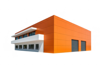 Modern orange and white industrial building with garage doors isolated on a transparent background