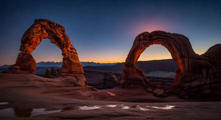 Delicate Arch National Park at Twilight: Iconic Natural Stone Arches Under a Starry Sky