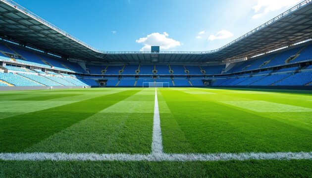 Empty modern football stadium gleams with vibrant green grass field stripes. Blue bleacher seats fill tiered arena bowl under bright clear sky. Sunlight casts shadows across playing surface. Soccer