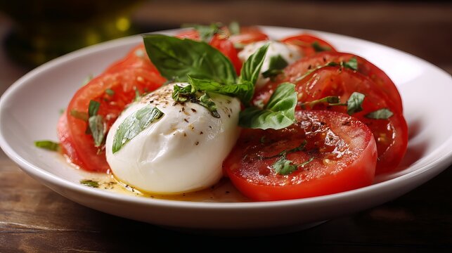 Delicious caprese salad with fresh basil and sliced tomatoes ready for a summer lunch, perfect for healthy eating and vibrant lifestyle promotion