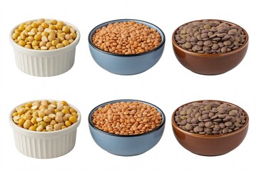 Variety of dried lentils and peas in bowls for healthy eating concept food