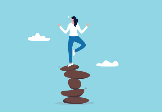 Harmony, balance or meditation, mindfulness relaxation for life wellness, zen or spiritual therapy, focus or concentration concept, calm young woman meditate in yoga pose and balance on rock stack. - Powered by Adobe