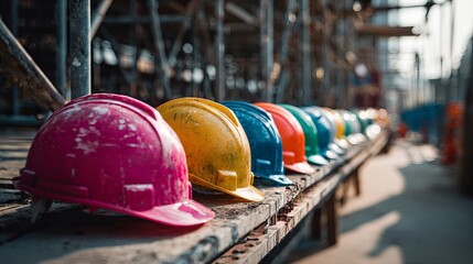 Colorful construction helmets lined up on scaffolding evoke safety, teamwork, and skilled labor in vibrant shades, perfect for industrial projects
