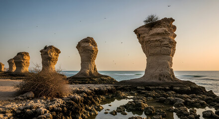 Majestic rock formations sculpted by wind and sea stand tall against a tranquil sunset on a rocky coastline.