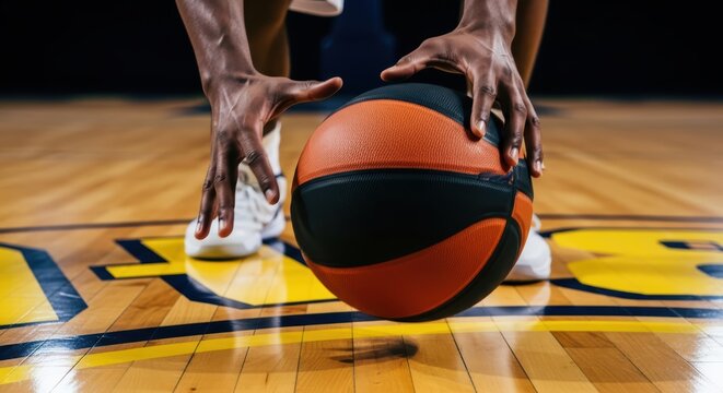 Close-up of african male athlete dribbling basketball on indoor gym court - Powered by Adobe