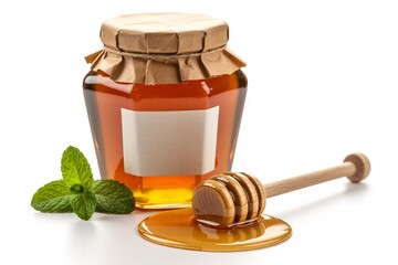 Delicious honey in jar with dipper and mint leaves healthy food concept