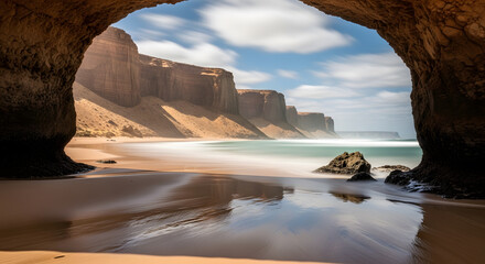Serene Ocean View Through a Rocky Coastal Cave Entrance with Soft Waves and Dramatic Cliffs