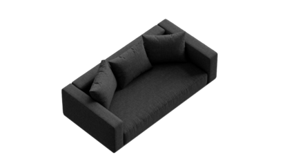 Black sofa with pillows on a transparent background. Furniture for the modern interior, web design, and presentation.
