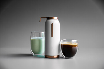 White beverage dispenser with matcha and coffee for home and office use