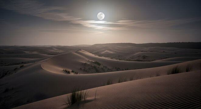 Serene Desert Dunes Under a Majestic Full Moon, Capturing Tranquil Nighttime Landscape and Ethereal Glow