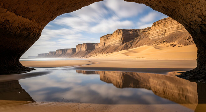 A breathtaking view from a sea cave framing a dramatic coastline with sandstone cliffs and sandy beach under a cloudy sky, reflected in calm water.