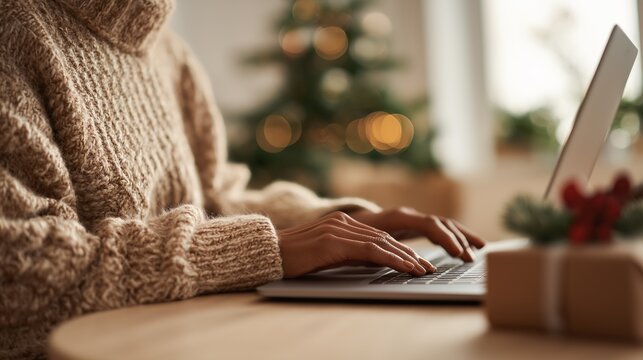 Woman ordering Christmas gifts online using laptop in daytime home interior