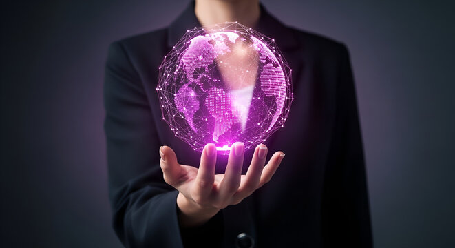 A futuristic representation of planet Earth in digital form, illuminated by neon lights, symbolizing global technology and connected innovation.