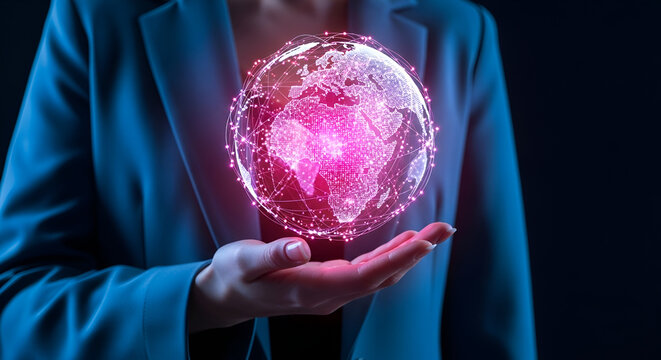 Professional holding global data network, points of light in the palm of their hand, concept of international business and digital integration