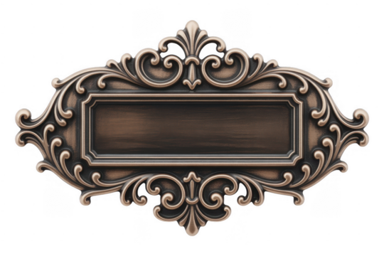 Ornate bronze decorative plaque with swirling filigree isolated on a transparent background