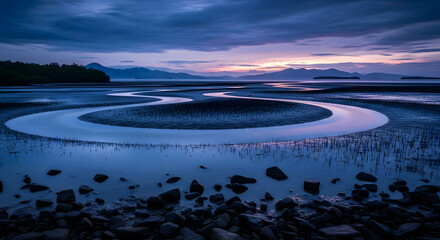 Serene Twilight Landscape: Ethereal Waters Flow Through a Textured Mudflat Under a Dramatic Cloudscape