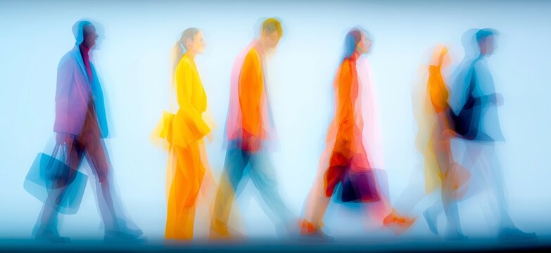 Crowd of people walking showing motion blur and movement in an abstract urban setting. Business banner
