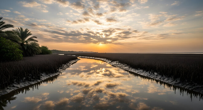 Serene Sunset Over a Calm Waterway Reflecting Dramatic Clouds and Lush Coastal Vegetation