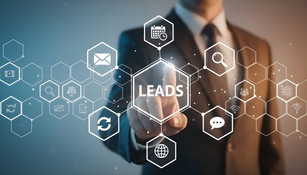 Businessman in a suit pointing at a futuristic digital interface focused on business lead generation.