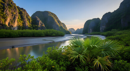 Obraz premium Serene Limestone Karsts Tower Over Lush Mangrove Forest and Reflecting River at Dawn