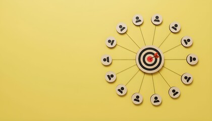 Business concept of targeting a specific audience with a bullseye and connected people icons on a yellow background.