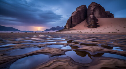 Dramatic desert landscape at dusk with reflective water pools and towering rock formations