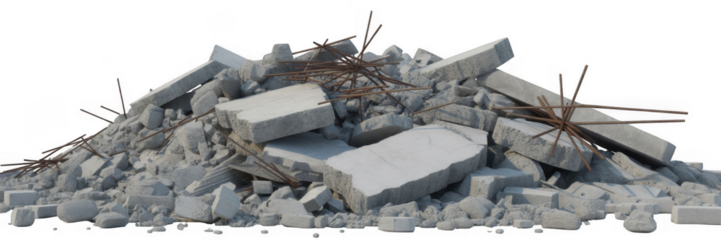 Pile of broken concrete slabs and rebar isolated on a transparent background
