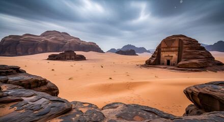 Majestic ancient tomb carved into sandstone mountains in Wadi Rum, Jordan, under a dramatic cloudy sky.