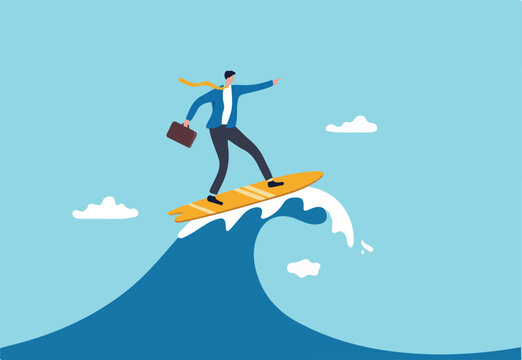 Follow business trend or momentum, challenge to overcome difficulty, professional experience worker or career development concept, expert businessman surfing or riding wave to success direction