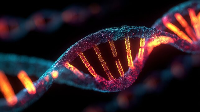 Stunning 3D rendering of DNA strand for innovative science, medicine, and technology projects needing a captivating visual for presentations and marketing campaigns - Powered by Adobe
