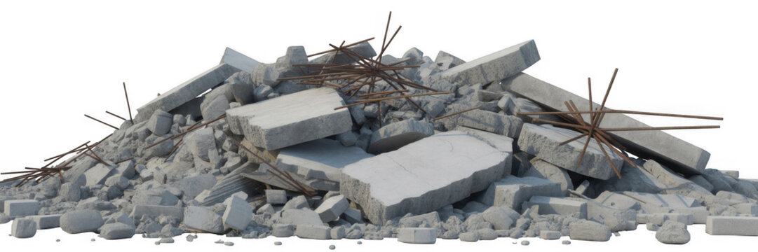 Pile of broken concrete slabs and rebar isolated on a transparent background