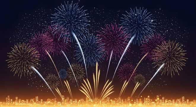 Colorful fireworks explode over city skyline at night celebration event