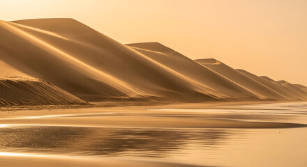 Golden Hour Light Bathes Majestic Sand Dunes Along a Reflective Beach Shoreline at Sunset