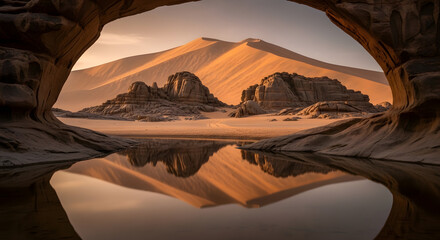 Serene Desert Oasis Framed by Natural Archway Reflecting Golden Dunes and Rocky Outcrops at Sunrise
