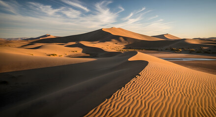 Golden Desert Dunes Under a Vast Sky, Illuminated by the Setting Sun's Warm Rays