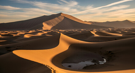 Golden Hour Glow Illuminates Majestic Sand Dunes Under a Vast, Dramatic Sky in a Remote Desert Landscape