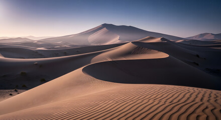 Vast Desert Landscape with Winding Sand Dunes Under a Clear Sky at Dawn