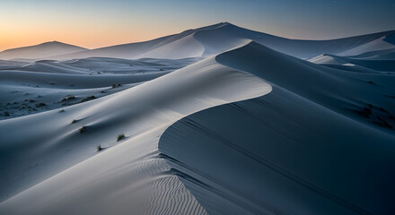 Expansive Desert Sand Dunes Under a Soft, Ethereal Sunrise, Showcasing Natural Sculpted Landscapes and Shifting Sands