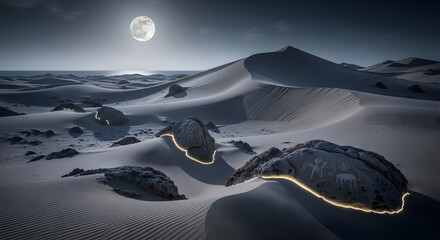 Ethereal Moonlit Desert Landscape with Illuminated Rocks and Rippling Sand Dunes under a Starry Sky