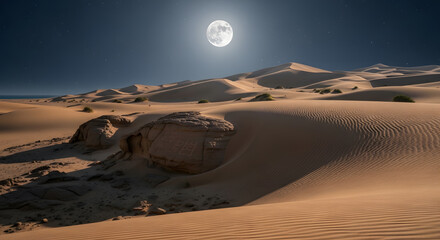 Majestic Desert Dunes Under a Full Moon's Glow with Starry Night Sky and Rocky Outcroppings