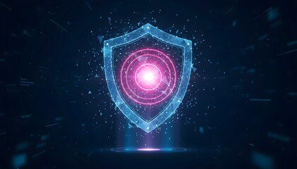 Digital shield with glowing pink core and abstract futuristic background, representing cybersecurity and data protection.