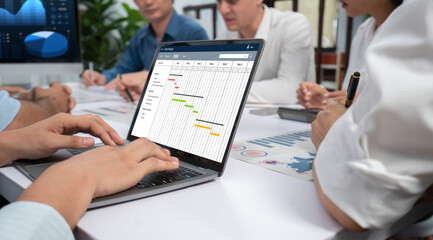 Project planning software for brisk business project management on the computer screen showing...