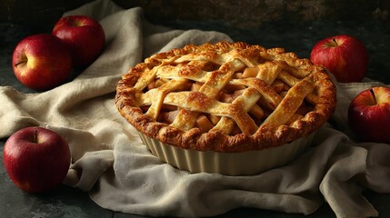 Warm homemade apple pie with lattice crust and fresh red apples evokes cozy autumn feelings and holiday baking traditions for family gatherings