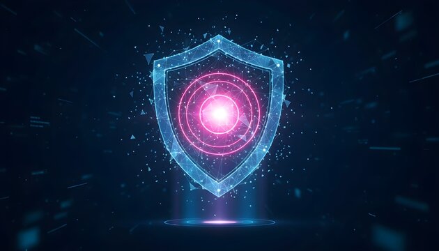 Digital shield with glowing pink core and abstract futuristic background, representing cybersecurity and data protection. - Powered by Adobe