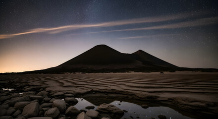 Starry Night Sky Over Dark Volcanic Cones with Reflective Water and Rocky Foreground