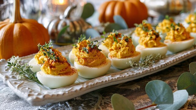 Elegant deviled eggs garnished with thyme and paprika for a beautiful autumnal appetizer display perfect for Thanksgiving and fall events