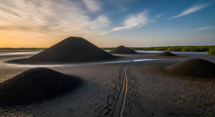 Surreal Sunset Over Mounds of Charcoal in a Mudflat, Reflecting the Sky